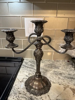 VTG Weighted Silver 3- Candle Candelabra TARNISH Goth Table Top READ Heavy 4 P - Image 1 of 4