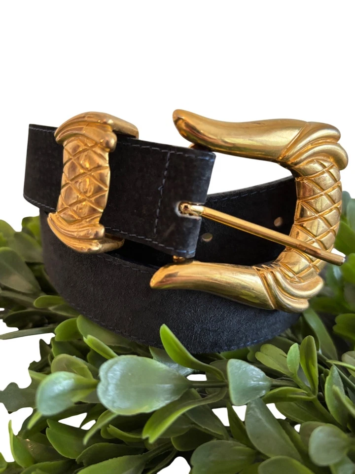 Винтажный элитный темно-синий замшевый ремень Les Creations с декоративной золотой пряжкой дизайн S - Изображение 1 из 4