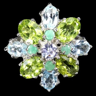 925 Anello Argento Sterling Ovale Peridoto 7x5mm Acquamarina Gemma Smeraldo Size - Immagine 1 di 4