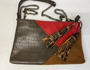 Chico's Patchwork Faux Croc Leather Suede Crossbody Clutch Purse Bag Chain Strap - Picture 1 of 5