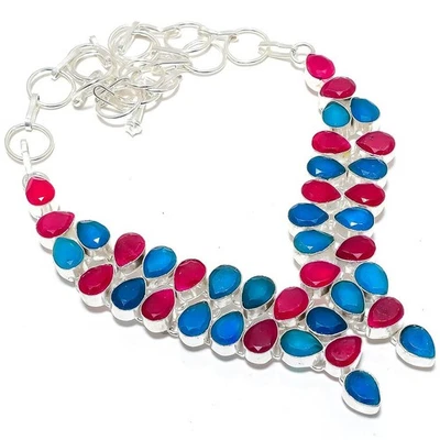 Red Simulated, Blue Jade Gemstone 925 Sterling Silver Jewelry Necklace 18" - Image 1 of 4
