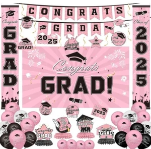 Graduation Decorations 2025 Set - Pink Themed Congrats Grad Banner Backdrop H... - Picture 1 of 6