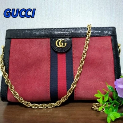 Gucci Ophidia Chain Shoulder Bag Leather Suede Black Red Women's From Japan - Image 1 of 4