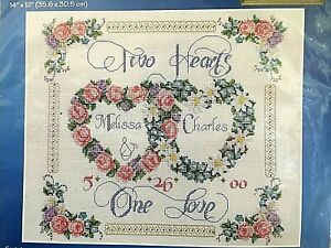 Janlynn TWO HEARTS, ONE LOVE Cross Stitch Kit 14"X12" Wedding Record flowers 