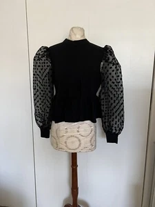 New Forever 21 Long Black Sheer Polka Dots Statement Bishop Sleeve Blouse SZ Med - Picture 1 of 6