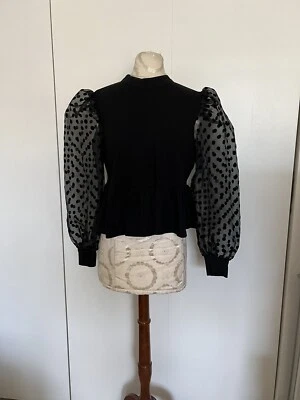 New Forever 21 Long Black Sheer Polka Dots Statement Bishop Sleeve Blouse SZ Med - Image 1 of 4