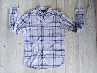 Marc Anthony Shirt Mens Small Gray Blue Plaid Button Up Long Sleeve Slim Stretch - Image 1 of 4