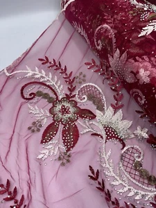 1 mtr wine maroon embroidered studded scalloped bridal tulle net fabric 52” wide - Picture 1 of 4