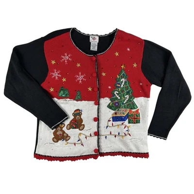 Cárdigan Suéter Navidad Cascanueces Vintage Mujer Rojo Negro Lentejuelas Feas Años 90 Foto 1 de 4
