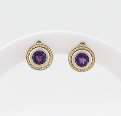 Sterling Silver & 14K Gold Natural Amethyst Stud Post Earrings 7/16" Round - Image 1 of 4
