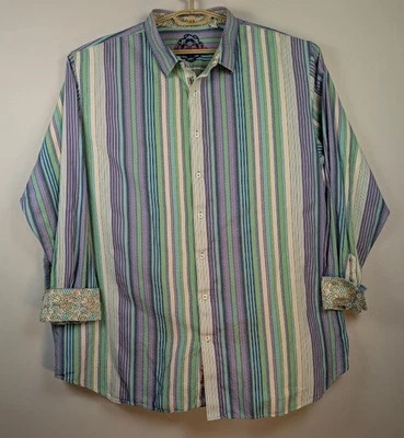 Robert Graham Flip Cuff Shirt Mens 3XLT Blue Green Purple Vertical Striped - Image 1 of 4