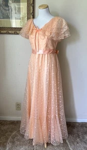 Vintage 70s Prom Dress Jc Penney Peach Pink Small Ruffle Lace Bow Prairie Long - Picture 1 of 13
