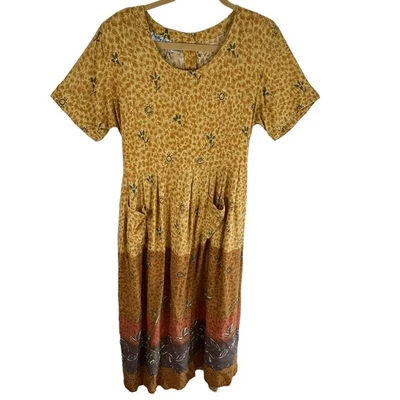 Pretty Pink Vintage Yellow Floral Short Sleeve Long Lightweight Dress Pockets L - Image 1 of 4