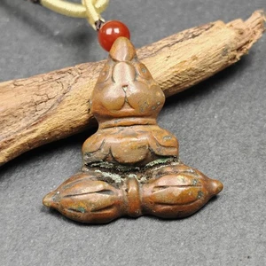 Authentic Tibetan Buddhist Amulet Copper Stupa + Vajra Pendant | Buddhist Tower - Picture 1 of 10