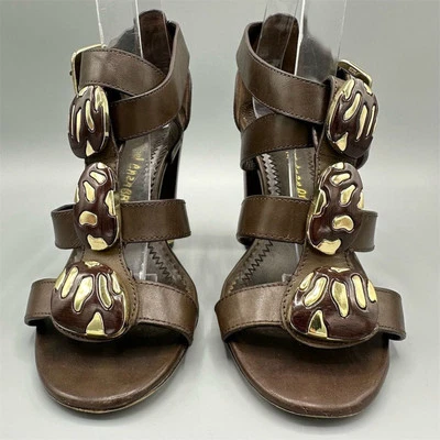 Сандалии на высоких каблуках Jean-Michel Cazabat коричневая кожа размер 6 с золотыми пряжками дерево - Изображение 1 из 4