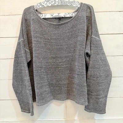 GRANDE Top Eileen Fisher Gris Lino Orgánico Délavé Cuello Redondo Crochet Foto 1 de 4