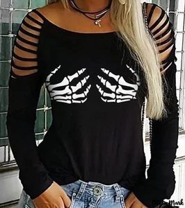 Skelett Hände Cold Shoulder Cut-Out Top Bluse sexy lustig Halloween Cos Large - Bild 1 von 8