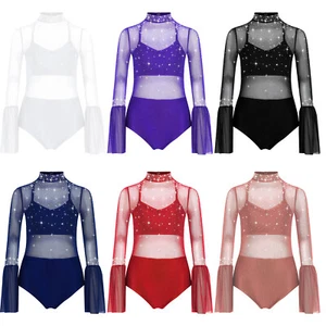 Kids Girls Leotard Modern Bodysuit Competition Unitard Ballet Rompers Patchwork - Foto 1 di 54