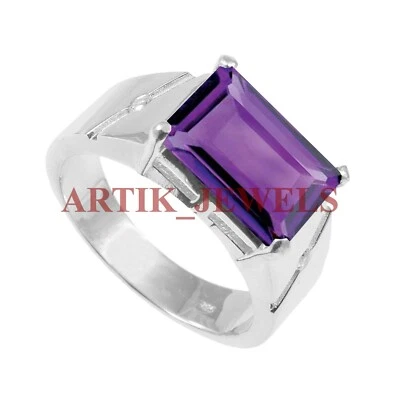 Natural Amethyst Gemstone with 14K White Gold Silver Ring for Men's #2721 - Image 1 of 4
