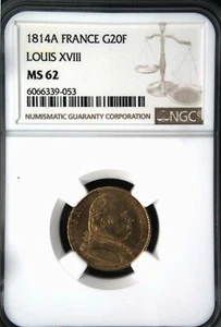 FRANCE , GOLD 20 FRANCS 1814 A PARIS - LOUIS XVIII - NGC MS 62 , RARE3 - Picture 1 of 2