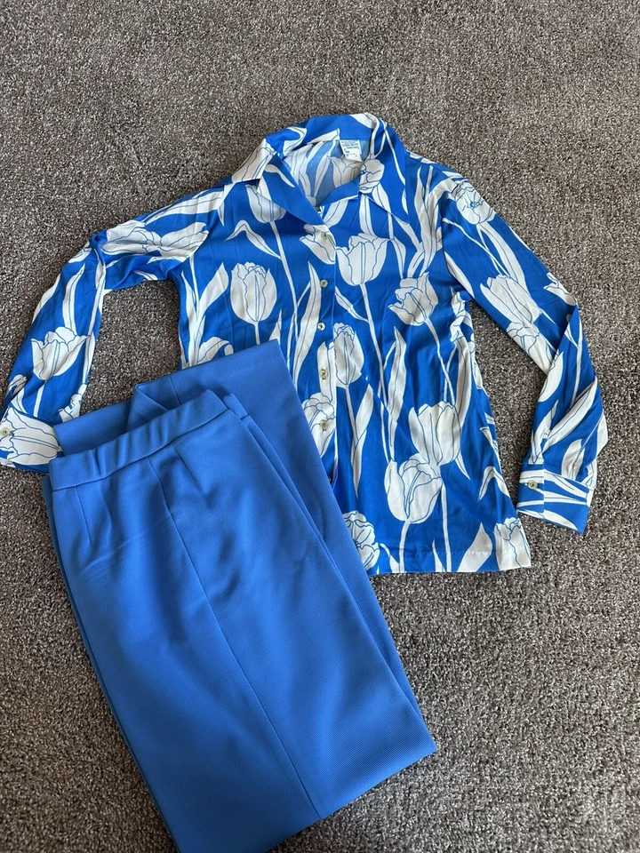 Vintage Sears Perma Prest Outfit Button Down/pants 16 MCM Mod Color Block Floral - Image 1 of 4