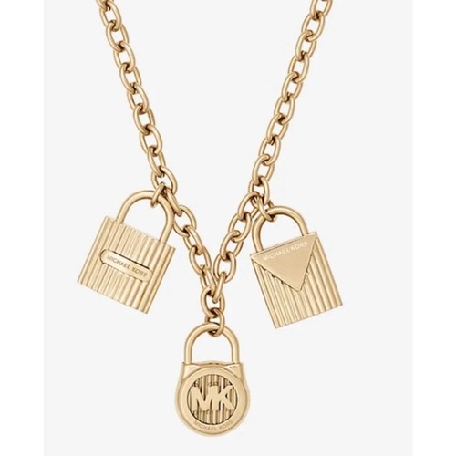 NUOVA COLLANA MICHAEL KORS MAGLIA CATENA TONO ORO 3 LUCCHETTO CIONDOLI