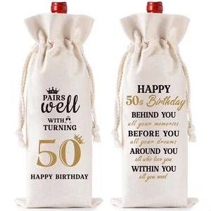 50th Birthday Wine Gift Bag - Ideas Burlap Wine Bottle Bag with Drawstring Do... - Picture 1 of 8