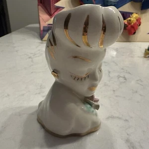 Vintage Lady Head Vase Glamour Girl Gold Accent Flower By Lewis Weil 1940s - Picture 1 of 9
