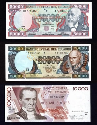 Ecuador Set, 50000, 20000, 10000 Sucres, 1999, 3 Notes, UNC Condition - Image 1 of 2