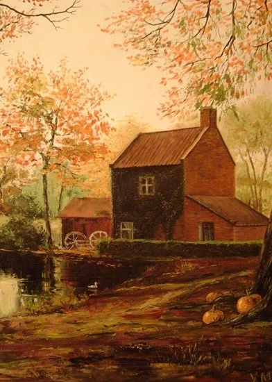 5x7 HALLOWEEN PRINT OF PAINTING Haunted RYTA MILL BARN Farm Landscape Folk Art - Image 1 of 1