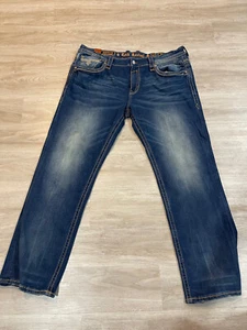 Rock Revival Jed Straight Stretch Jeans 42x32 Blau Denim Dicke Nähte Flap Pkts - Bild 1 von 6