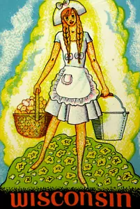 Calcomanía de viaje vintage de Wisconsin Milkmaid etiqueta de equipaje sobre original años 1950-60 - Imagen 1 de 5