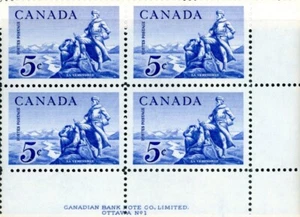 Canada Stamp plate block#378 - Le Vérendrye Statue (1958) 5¢ - Picture 1 of 1