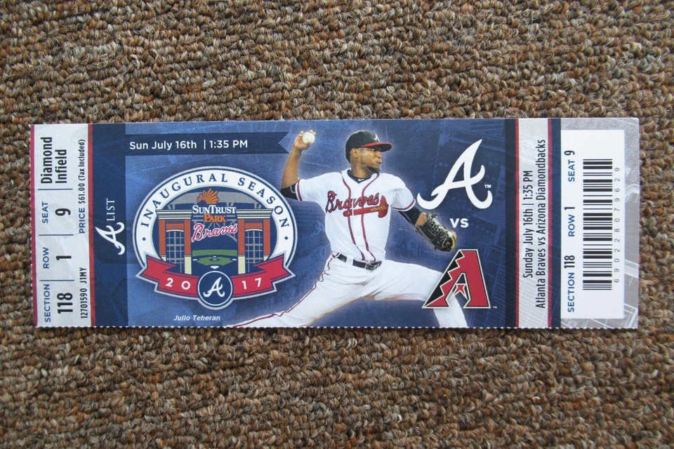 Boleto completo ATLANTA BRAVES VS ARIZONA DIAMONDBACKS 16/07/2017 ~ KEMP/ADAMS HRs Foto 1 de 1