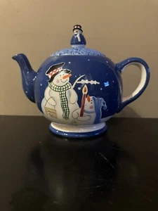 jolly follies S'Mores the Merrier Holiday Christmas Snowman Blue TEAPOT 4cups - Picture 1 of 11