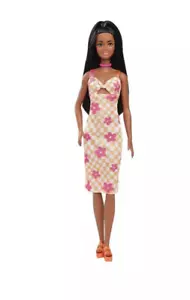 Barbie Fashionistas Doll #233 in Checkered Flower Midi Dress, Black Hair - Picture 1 of 6