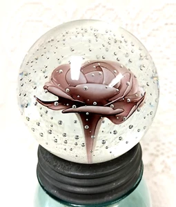 VTG Hand Blown ART GLASS Paper Weight CLEAR Pink Flower BUBBLES Ball Sphere - Picture 1 of 13