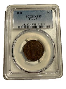 1865 Two Cent 2c Plain 5 XF45 PCGS - Picture 1 of 2