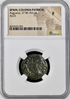 Roman Emperor Augustus 27BC-14AD NGC Graded Fine Apex and Simpulum Scarce Coin - Image 1 of 4