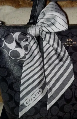 Bufanda ajustada de seda Coach Signature negra y gris con rayas Foto 1 de 4