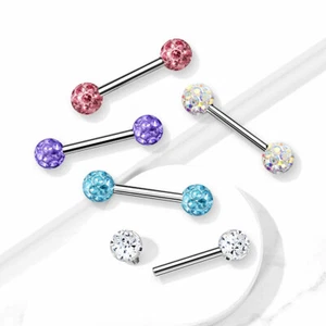Pair of Epoxy Covered Crystal Paved Balls Surgical Steel Nipple Barbells  - Picture 1 of 12