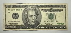 $20 Twenty Dollar Bill Note Series 1996 Serial Number AF 47402776 A - Picture 1 of 2