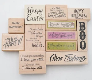 Vintage Lot of 12 Wood Rubber Stamps Mixed Brands & Sayings Holiday Party Quotes - Picture 1 of 5