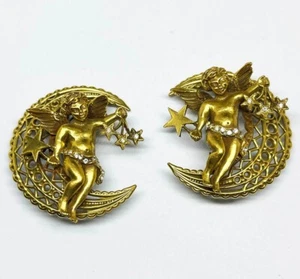 Huge Kirks Folly Cherub Angel Moon Star 3/D Crystal Rhinestone Clip On Earrings - Picture 1 of 7