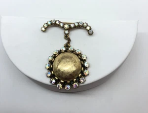 rare Vtg B Blumenthal Brooch Pin AB Rhinestones Bar gold tone Button dangle - Picture 1 of 7