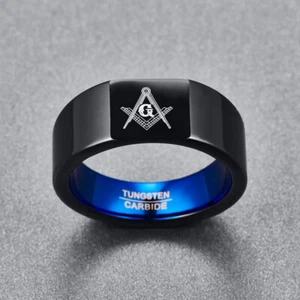 Black Tungsten Carbide Masonic Ring Men Freemason Wedding Ring Biker Blue Inside - Picture 1 of 4