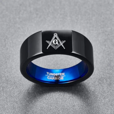 Black Tungsten Carbide Masonic Ring Men Freemason Wedding Ring Biker Blue Inside - Image 1 of 4