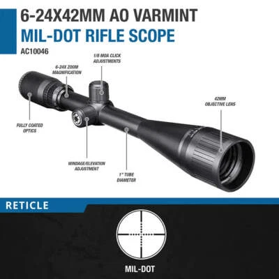 Mira para rifle Barska 6-24x42 mm Mil-Dot Varmint retícula AO ajustable para caza Foto 1 de 2