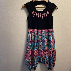 Faded Glory Girl Black Floral Ruched Mini Dress Neon Colorblock Size L 10-12 - Picture 1 of 14