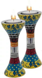 Colorful Hand Painted Enamel Set of Tulip Shaped Candlesticks Blue Red Yellow - Picture 1 of 2